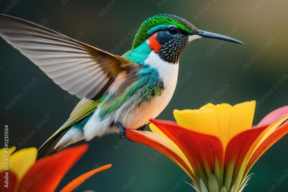 Fototapeta premium Anna's hummingbird in the treetops in a tropical rainforest, Amazon of Brazil. Wildlife concept of ecological environment. Generative AI