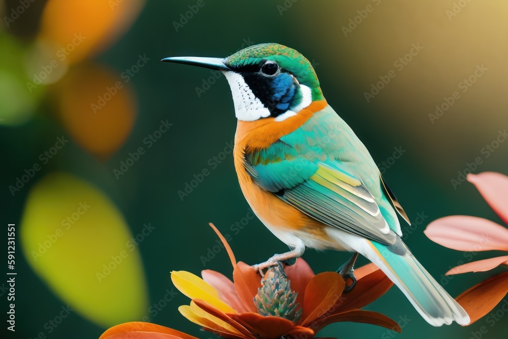 Fototapeta premium Anna's hummingbird in the treetops in a tropical rainforest, Amazon of Brazil. Wildlife concept of ecological environment. Generative AI