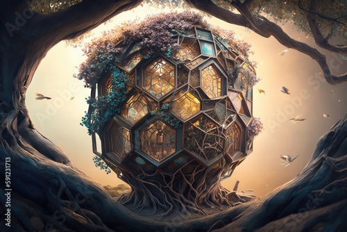 Hexagon tree house fantasy world. distinct generative AI image. photo