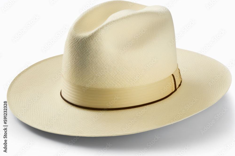 White hat with brown band around the brim on white background. Generative AI.