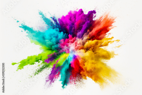Multicolored explosion of powder on white background with space for text. Generative AI.