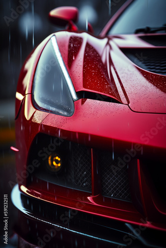 Close up of the front of red sports car in the rain. Generative AI.