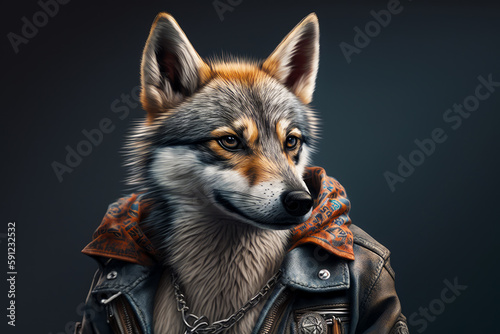 Drawing of wolf wearing leather jacket and bandanna around his neck. Generative AI. © valentyn640
