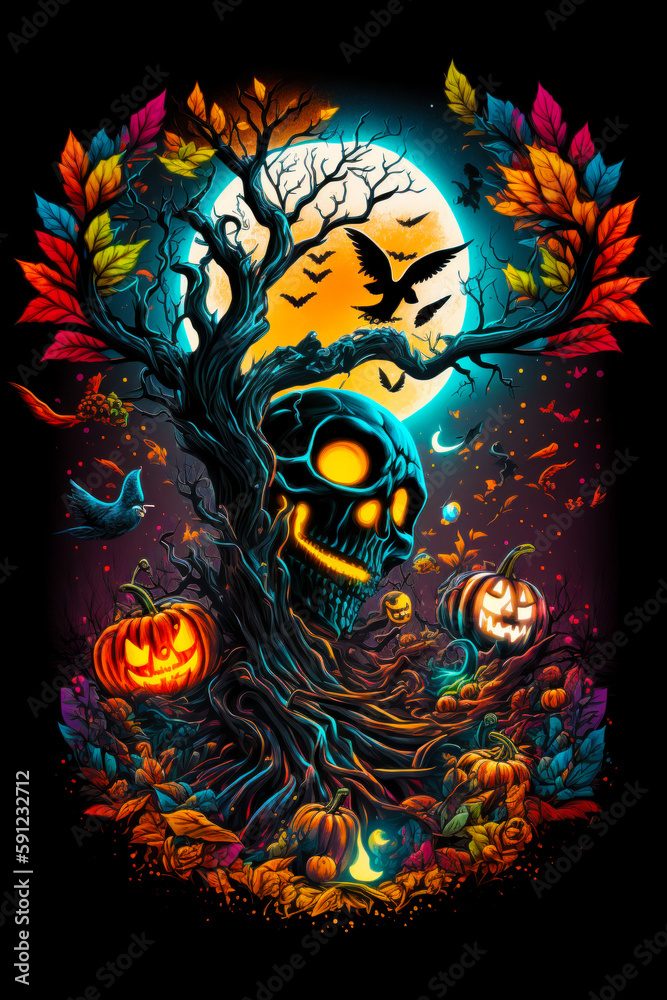 Skull in tree with pumpkins and full moon in the background. Generative AI.