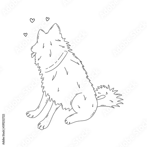 Playful dog sitting and turned his head sideways, tongue out. Laika dog, friend animal, guide dog, companion pet. National Puppy Day. Black and white hand drawn illustration vector isolated