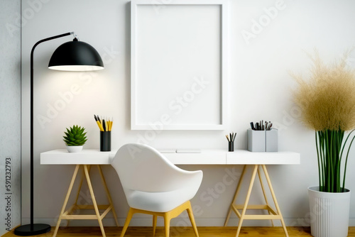 White desk with chair and picture frame on top of it. Generative AI.