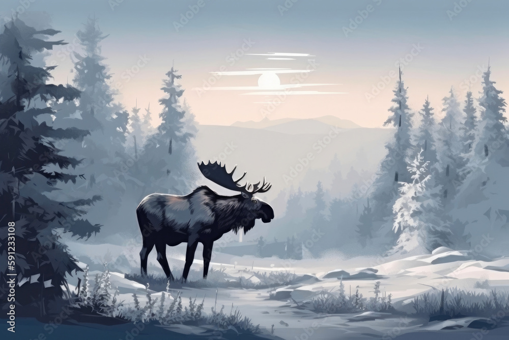 Cold winter day landscape with moose. Generative AI
