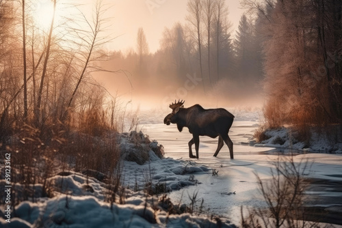 Moose with horns in the forest. Generative AI © Andrii 