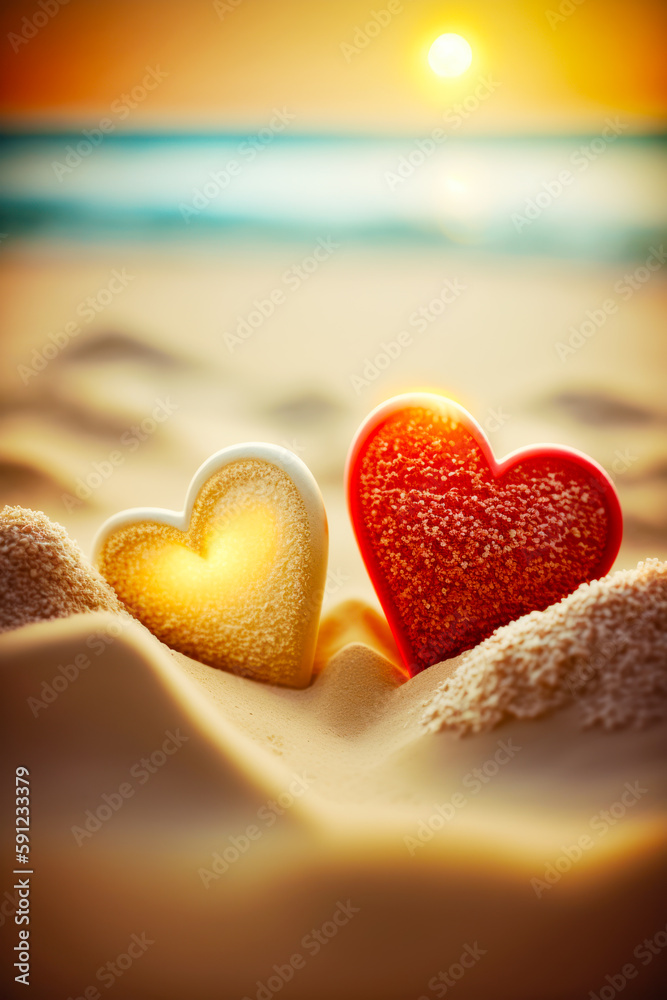 Two heart shaped cookies sitting on top of sandy beach next to the ocean. Generative AI.