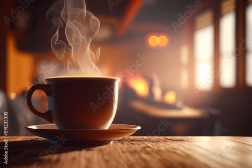 Steaming cup of coffee on saucer with saucer on table. Generative AI.