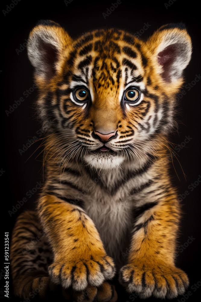 Close up of baby tiger on black background with black background. Generative AI.