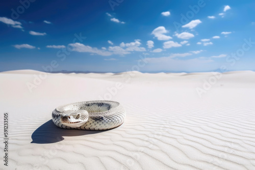 Snake in white sandy desert. Generative AI