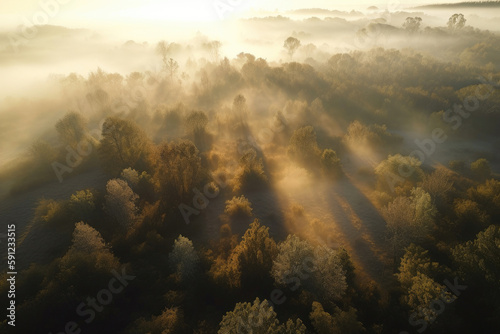 Drone photography of a forest covered with low lying fog. Generative AI