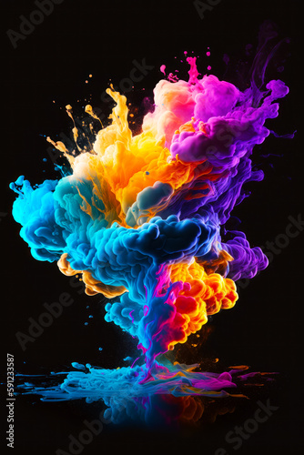 Multicolored liquid is being dropped into puddle of water on black background. Generative AI.