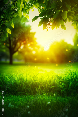 The sun shines brightly through the leaves of tree in park. Generative AI.