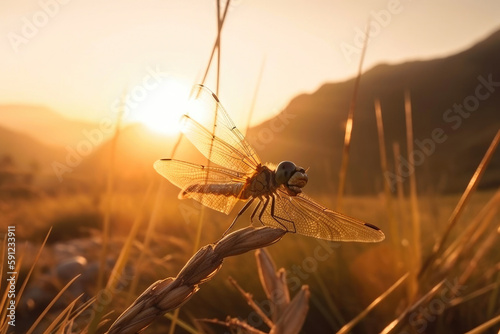 Dragonfly on the grass in shine bright sunrise color yellow. Generative AI