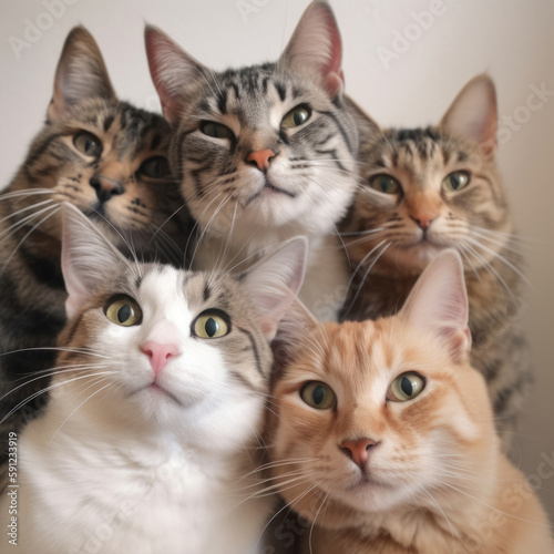 Selfie of several friendly cats.