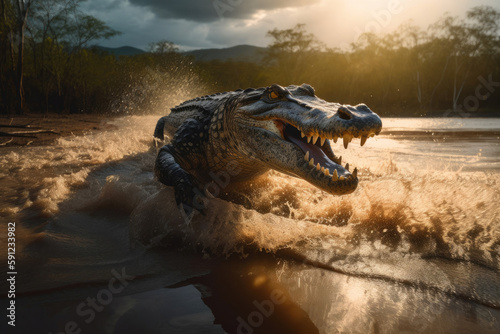Crocodile charging towards camera. Generative AI