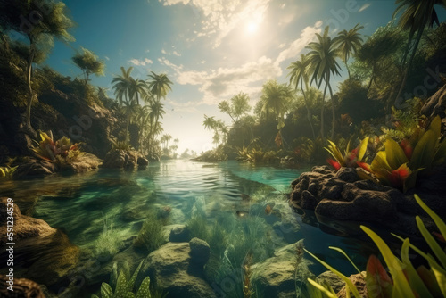 Above the water is a beautiful tropical island with large palm trees. Generative AI
