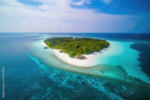 Aerial photo of beautiful paradise Maldives tropical beach on island. Summer and travel vacation concept. Generative AI