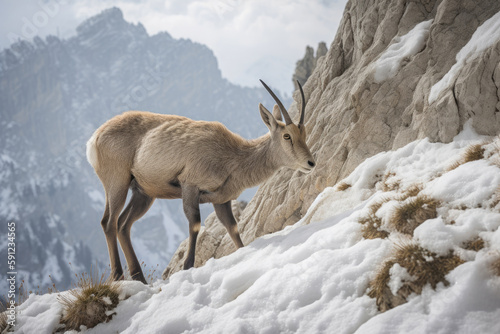 An alpine ibex in mountains. Generative AI