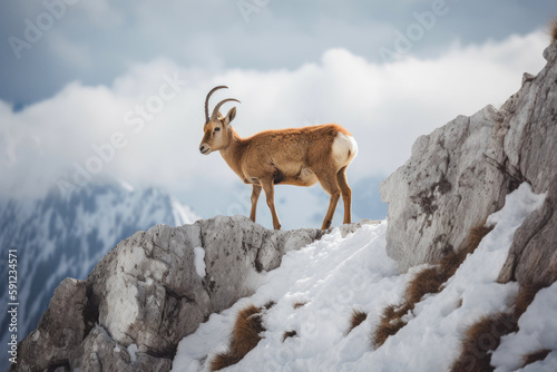 Alpine ibex in its natural habitat. Generative AI photo