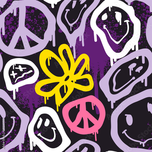Groovy smile seamless pattern in Urban street art style with funny happy daisy in purple. Graphic underground unisex design for t-shirts. Hipster retrowave with 90s style. Psychedelic rave background.