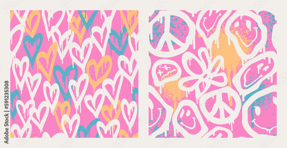 Groovy smile seamless patterns pack in Urban street art graffiti style. Graphic underground print with hearts and funny happy daisy. Retrowave with 90s style for kids. Underground design in neon pink Groovy smile seamless patterns pack in Urban street art graffiti style. Graphic underground print with hearts and funny happy daisy. Retrowave with 90s style for kids. Underground design in neon pink