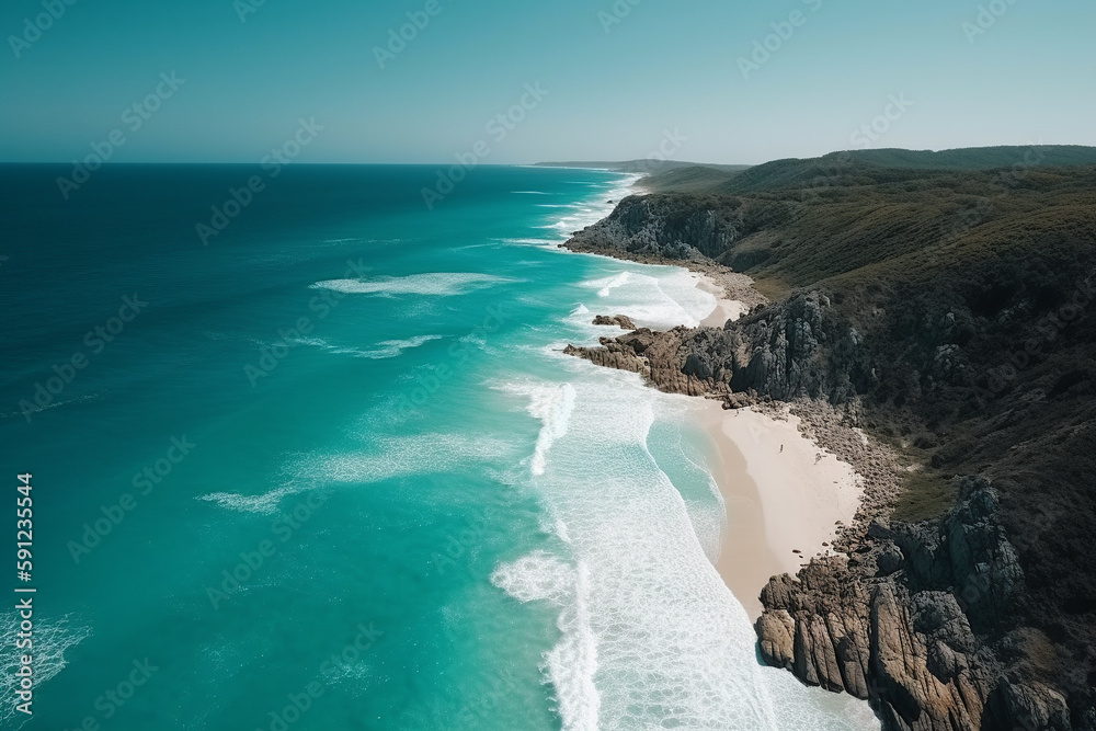 A stunning sandy beach from above, with a turquoise sea and breathtaking cliffs. Generative AI