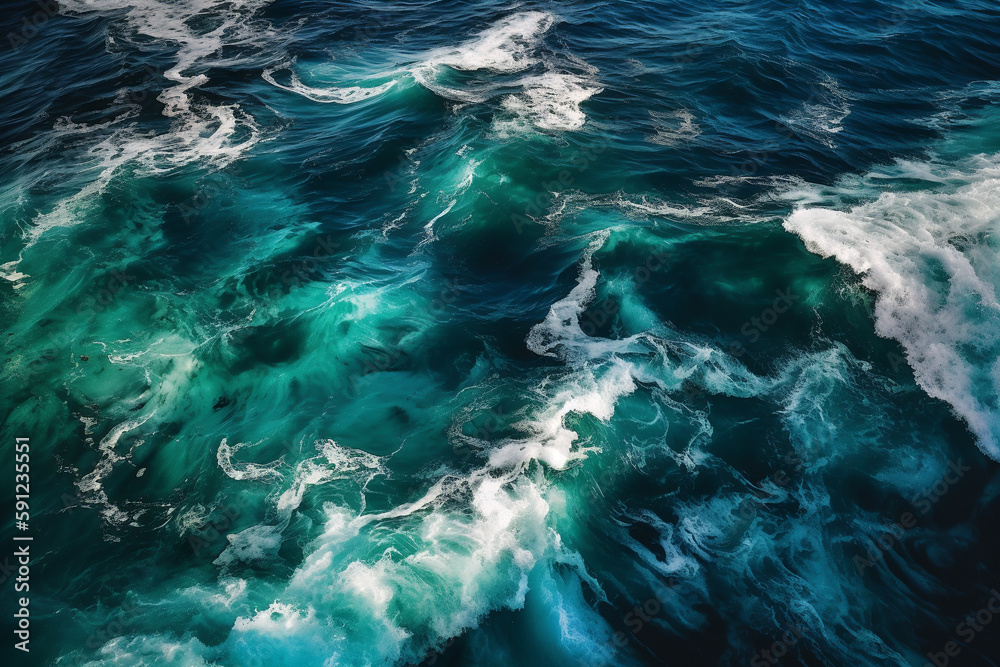 Top view of ocean waves in dark aquamarine and green, with realistic textures. Generative AI