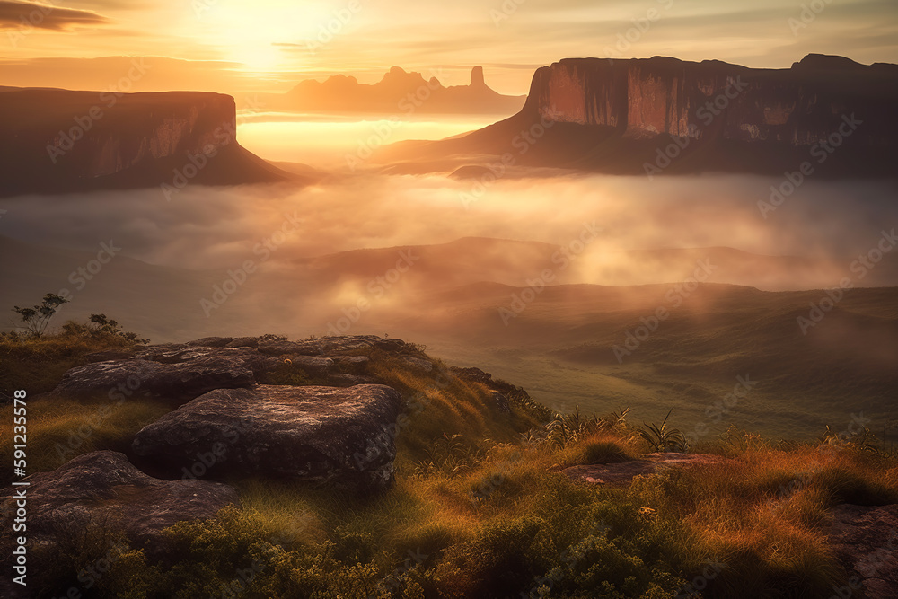 Majestic foggy sunrise at mountain plateau. Generative AI
