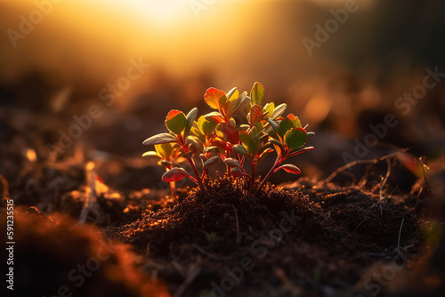 Green sprouts breaking through dawn sunrays. Generative AI