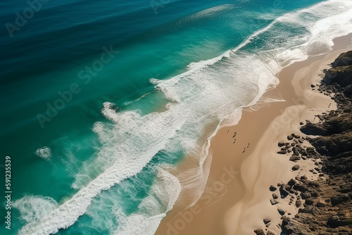 Aerial view of a summer beach, blue ocean, and waves. Generative AI