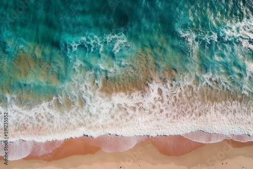 Aerial view of a summer beach, blue ocean, waves. Copy space background. Generative AI © yarohork