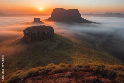 Majestic foggy sunrise at mountain plateau. Generative AI photo