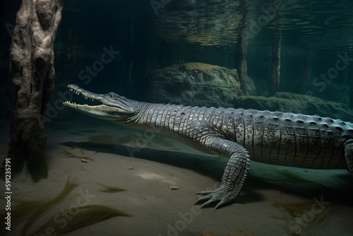 Scary alligator in its natural swamp habitat. Generative AI