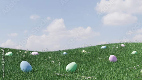 Easter landscape with colorful eggs and spring flowers on meadow grass under beautiful sky. Mockup for Easter design