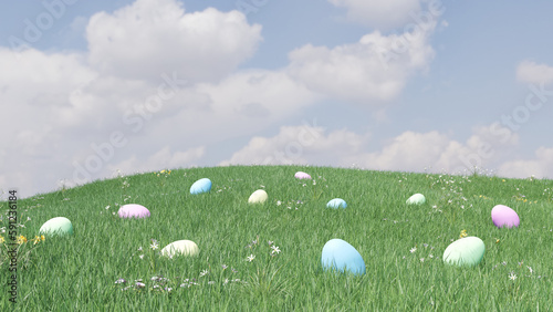 Easter landscape with colorful eggs and spring flowers on meadow grass under beautiful sky. Mockup for Easter design