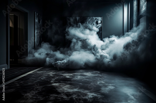 Free smoke on the grey-shaped scene background image, moody, mysterious backdrops, dark. Generative AI.
