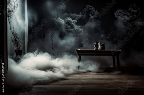 Free smoke on the grey-shaped scene background image, moody, mysterious backdrops, dark. Generative AI.