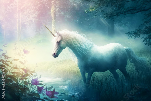 White unicorn standing in forest next to stream of water and flowers. Generative AI.