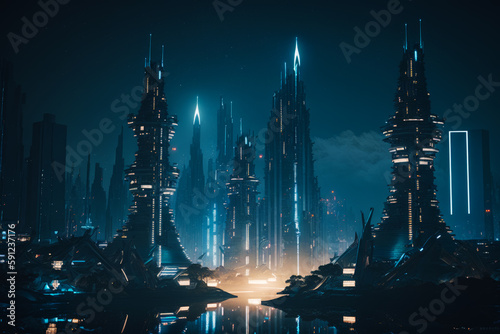 Futuristic city at night with lot of lights and skyscrapers in the background. Generative AI.