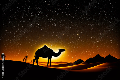 Silhouette of camel in the desert with star filled sky in the background. Generative AI.