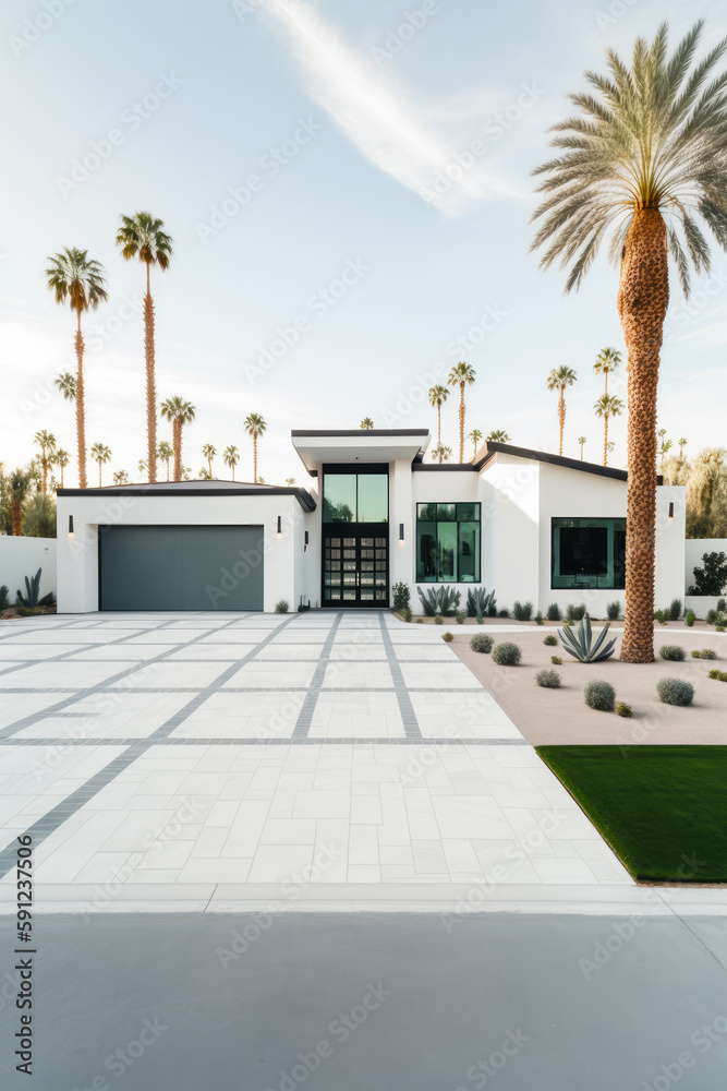 White house with palm trees in front of it and large driveway. Generative AI.
