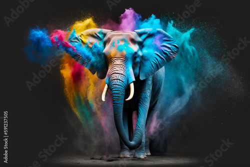 Elephant standing in front of black background with colored powder on it's back. Generative AI.