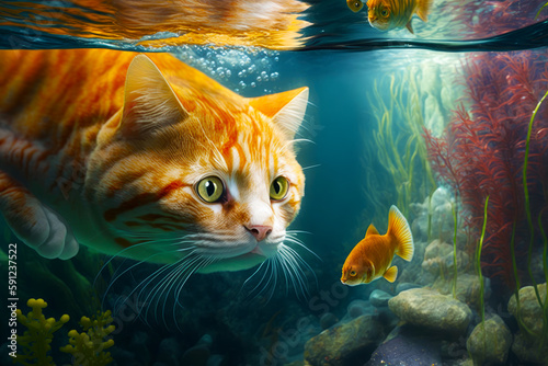 Image of cat looking at fish in the water with another cat in the background. Generative AI. © valentyn640
