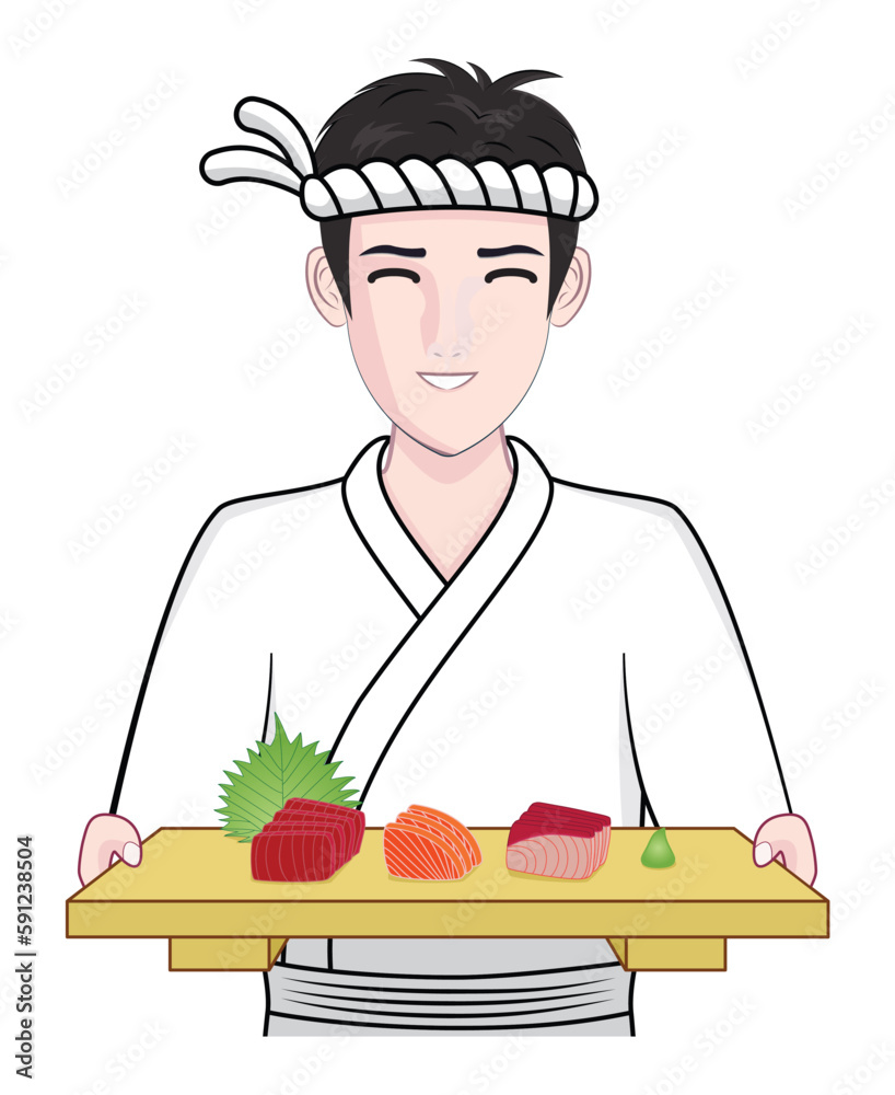 smart smiling Japanese young man in Japanese sushi chef uniform holding