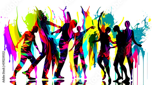 Colorful group people are dancing in abstract silhouette for festival background. Illustration. Generative AI