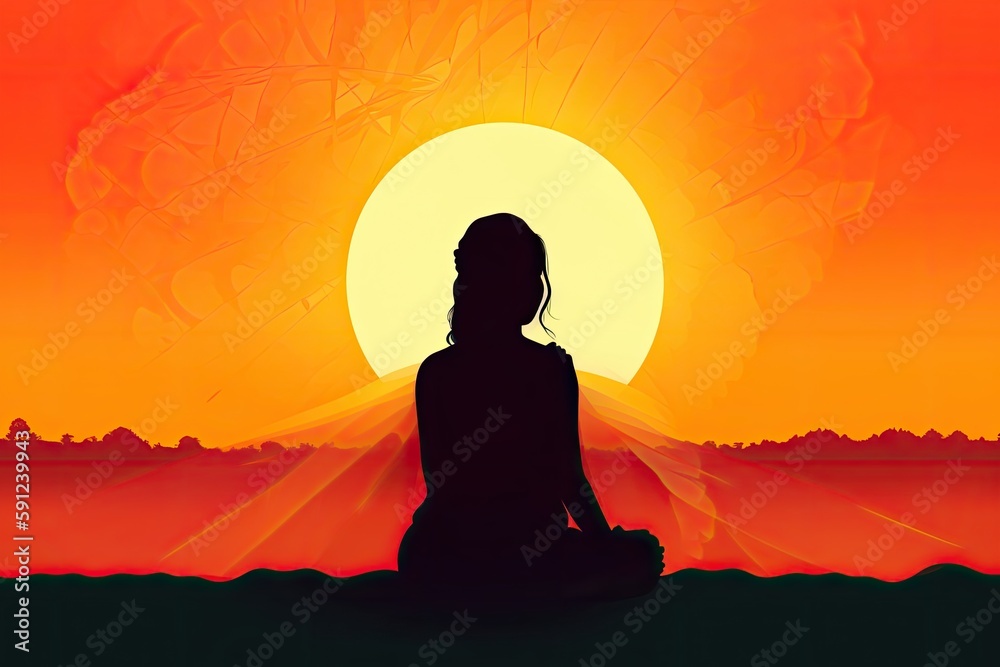 Girl in Sunset Meditation Silhouette Royalty Illustration (AI Generated)