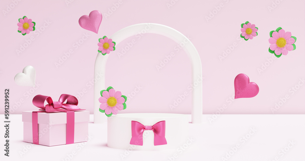 Podium pedestal with heart flowers. Advertising product demonstration, showcase. 3d rendering